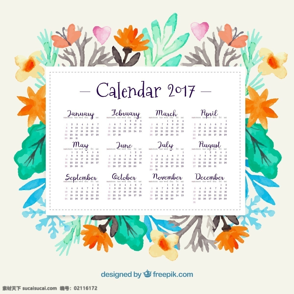 2017 年 日历 水彩 花卉 水彩花卉日历 花卉日历