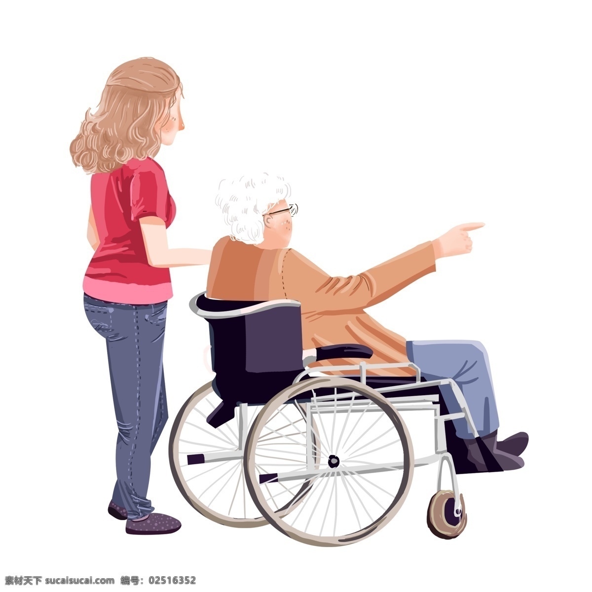 坐在 轮椅 上 老人 年轻 女子 卡通 元素 照料 孝心