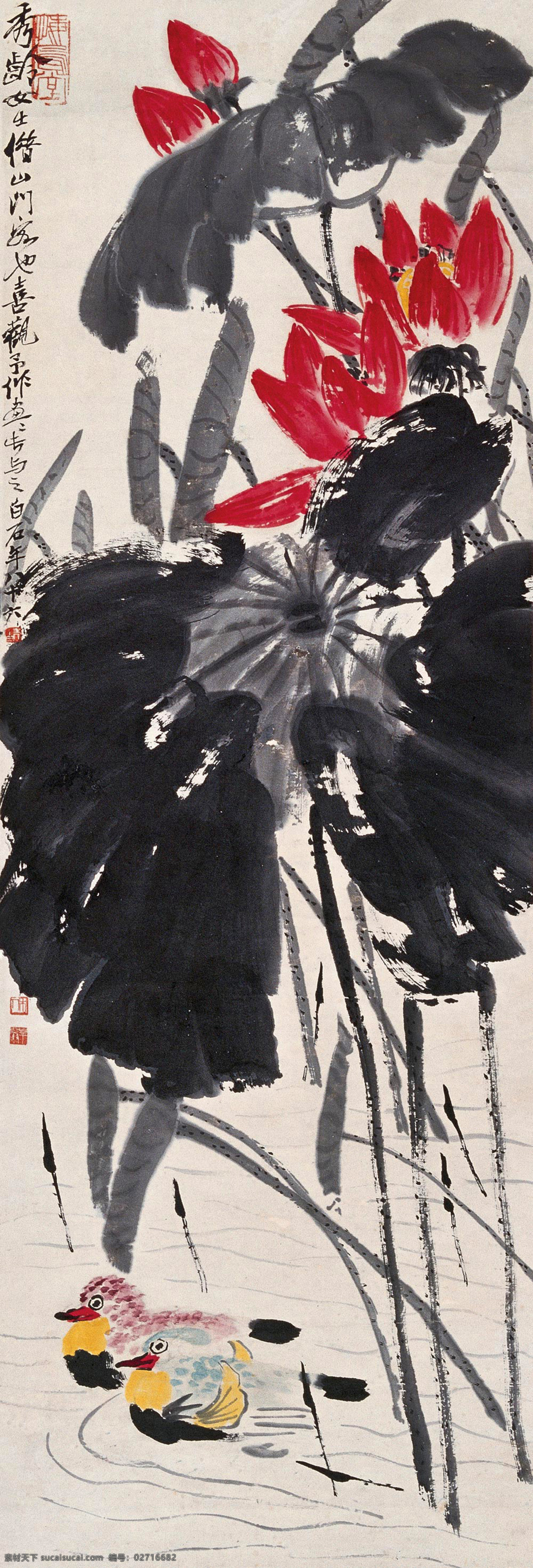 荷花鸳鸯 国画 齐白石 荷花 红荷 鸳鸯 爱情鸟 花鸟 绘画书法 文化艺术 花卉 草虫