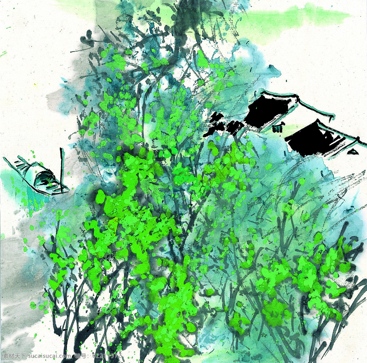 浓墨重彩 山水 树 画 春 国画 江南 树木 水乡