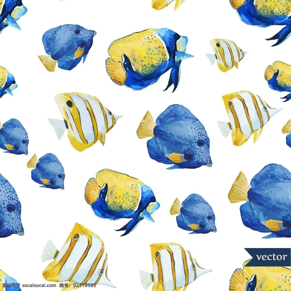 蓝色 小鱼 水彩 夏日 海洋 动物 元素 条纹 扁鱼 珊瑚鱼 创意 涂鸦 小清新 卡通 填充 插画 背景 海报 广告 包装 印刷 夏天