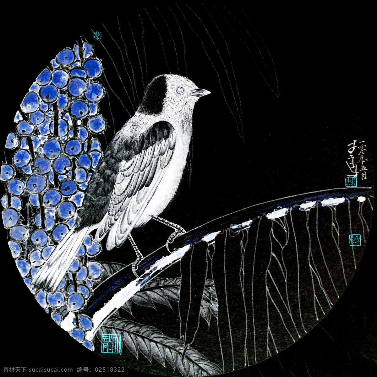 彩墨画 国画 国画艺术 花鸟画 绘画书法 美术 鸟 夜色 水墨画 葵叶 书法 印章 国画集24 文化艺术 装饰素材 雕刻 图案