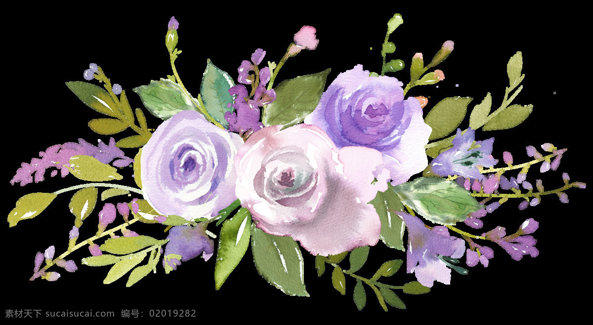 手绘 私人 聚会 卡片 花纹 透明 绿色 玫瑰花 免扣素材 水彩 透明素材 叶子 装饰图案 紫色