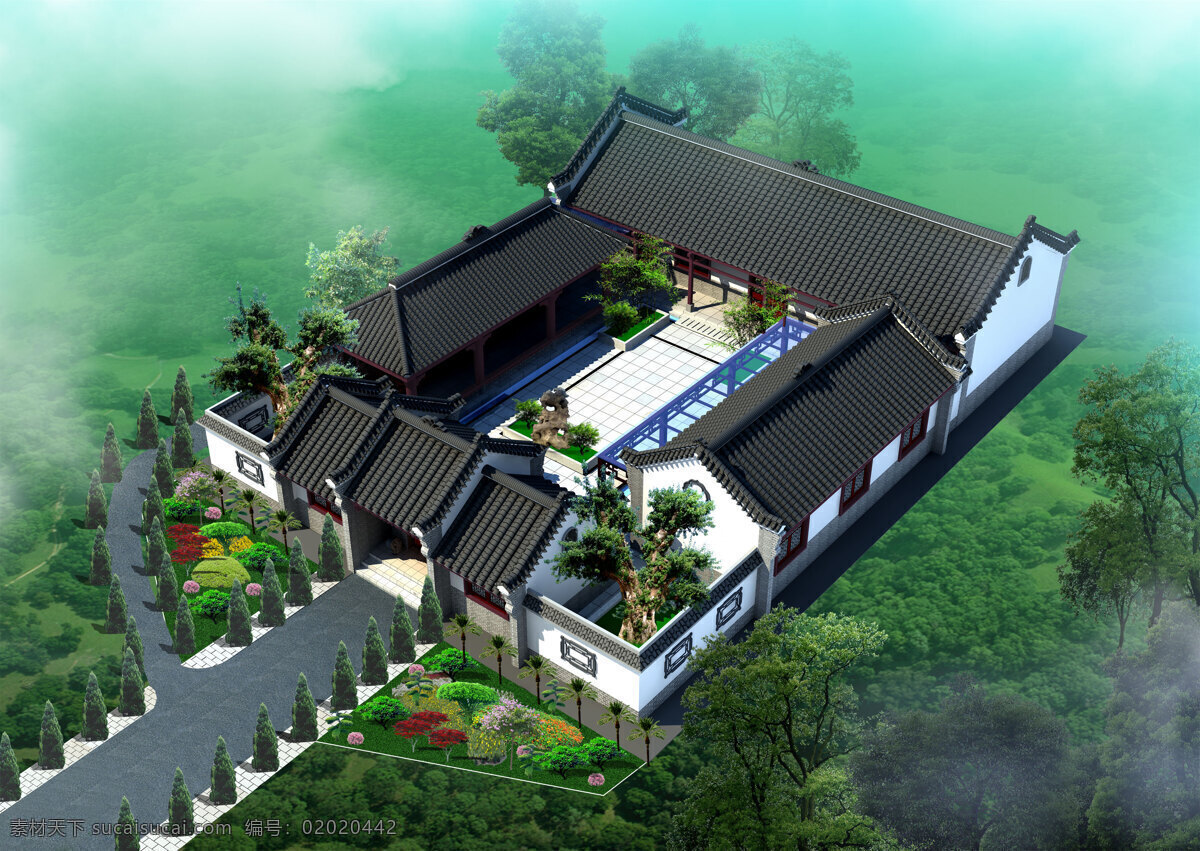 四合院 中式院子 院子 鸟瞰图 江南小院 3d设计