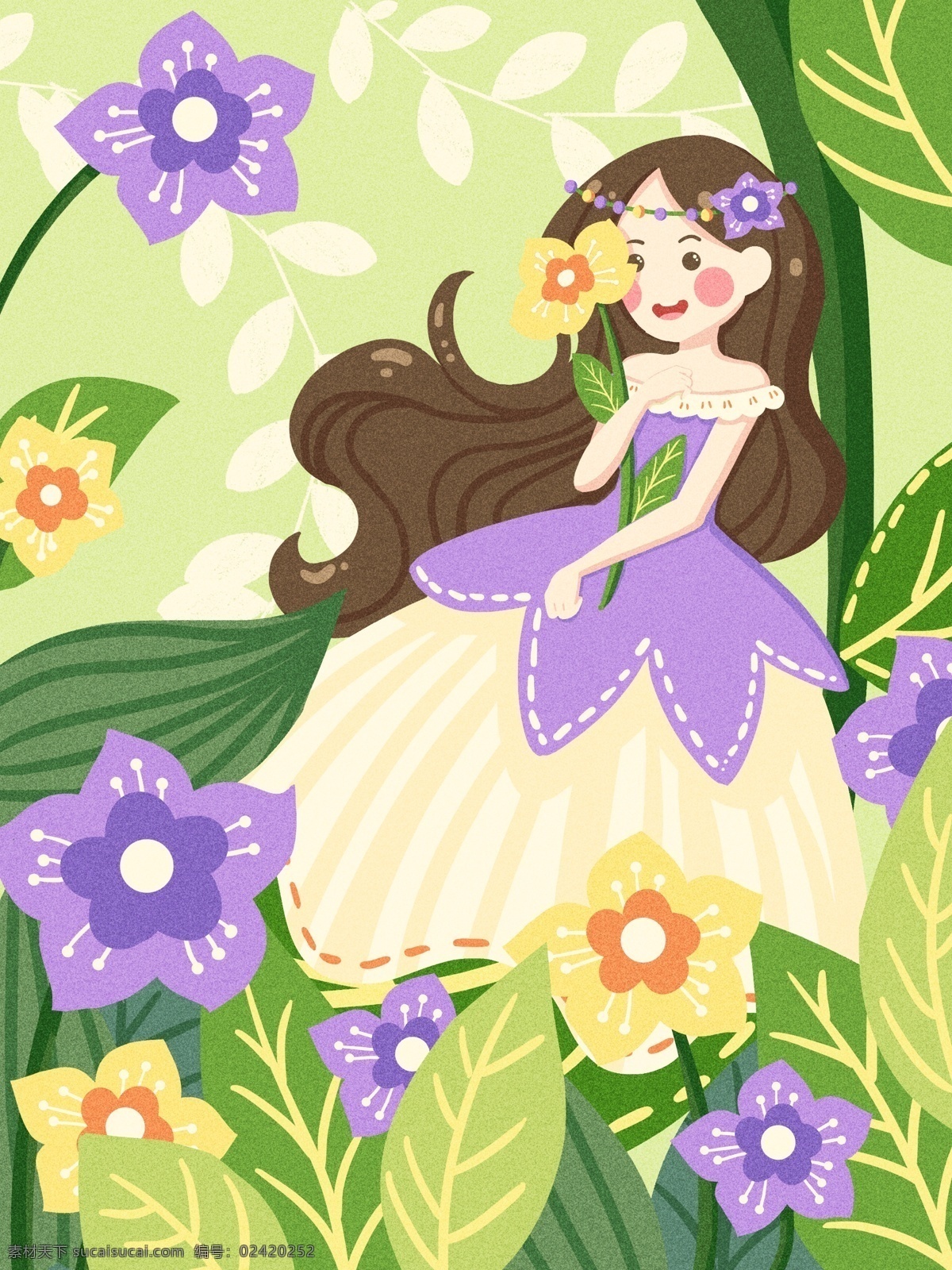 花束 女孩 花丛 中 温柔 小女孩 可爱 唯美 小清新 插画 花束女孩 紫色花 黄色花 精灵 原创