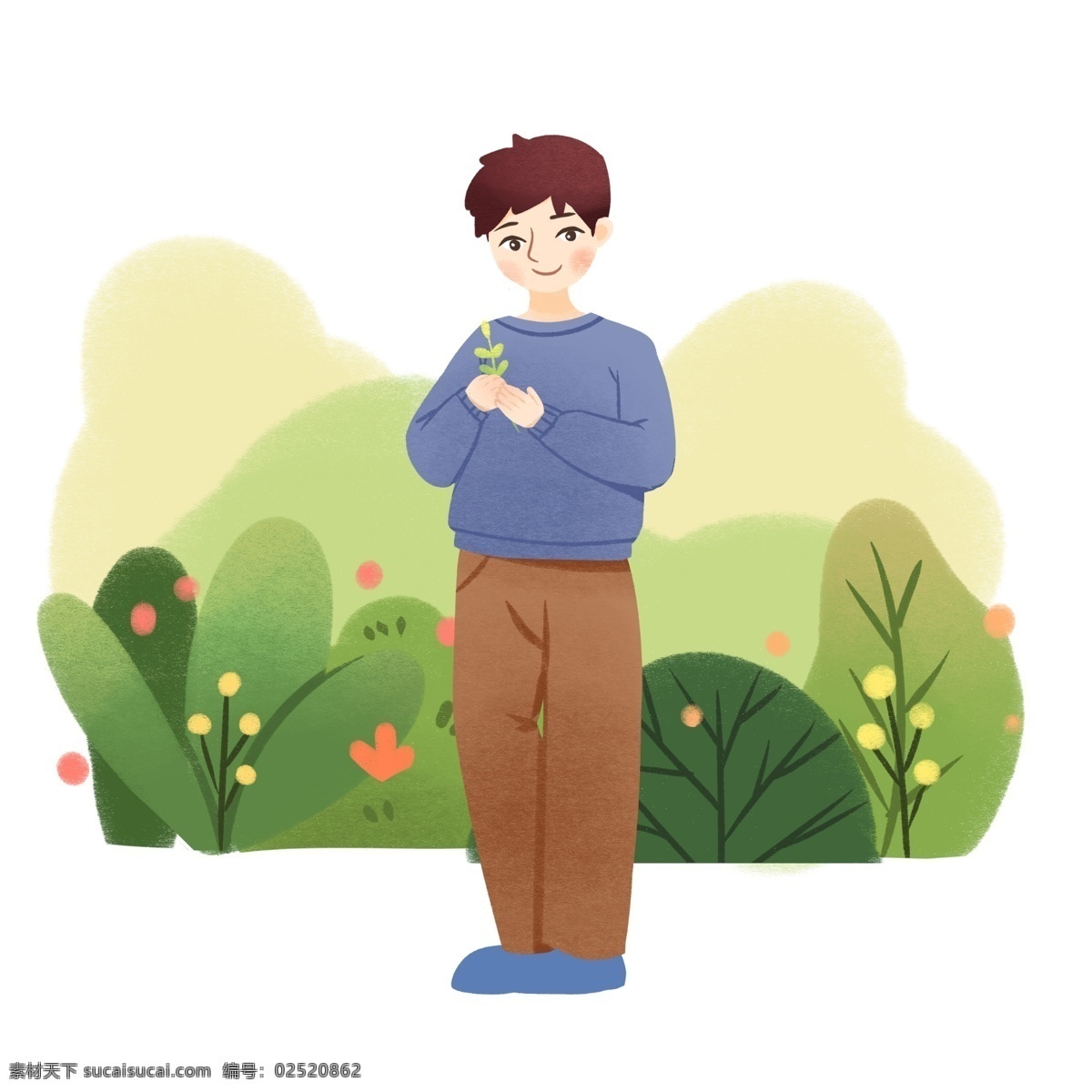 踏青 树苗 男孩 春游踏青插画 绿色的叶子 植物装饰 踏青的小男孩 卡通人物
