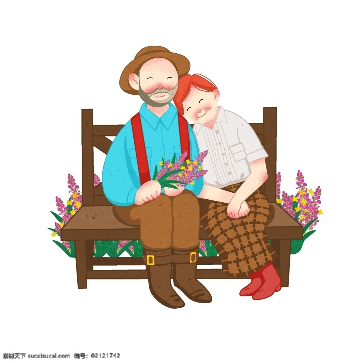 情人节 恩爱 老人 小花 红色的小花 绿色的叶子 黄色的帽子 恩爱的老人 老人爱情插画 黄色的凳子
