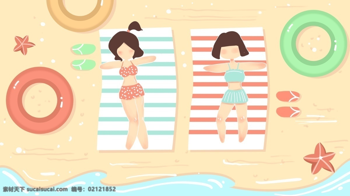 高温 预警 炎热 夏天 海边 女孩 扁平 风格 高温预警 扁平风格