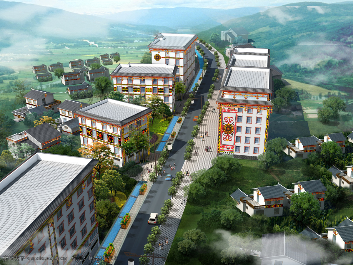 小镇鸟瞰图 民族 少数民族 特色 小镇 街道 鸟瞰图 俯视图 效果图 3d作品 3d设计