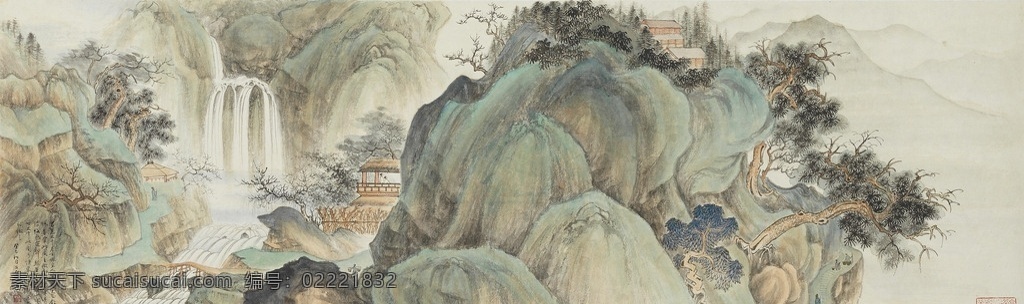 仿宋人山水 王品康作品 现代画家 群山 瀑布 小溪 小桥 高士 凉亭 中国古代画 中国古画 文化艺术 绘画书法