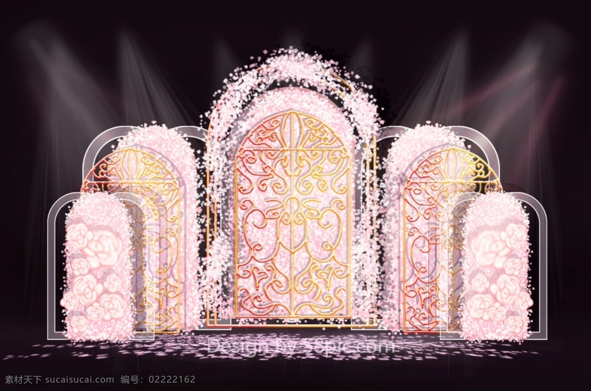 粉色 华丽 梦幻 婚礼 迎宾 区 效果图 金色 拱门 花瓣 花墙 欧式铁门 玫瑰 婚礼迎宾区