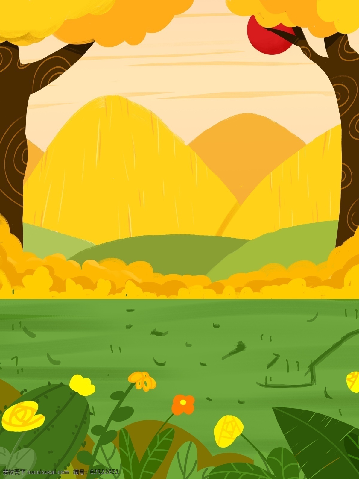彩绘 秋季 落叶 远山 草丛 背景 大树 树林 春天背景 背景图 创意 橙色 广告背景 通用背景 psd背景 背景展板 背景展板图