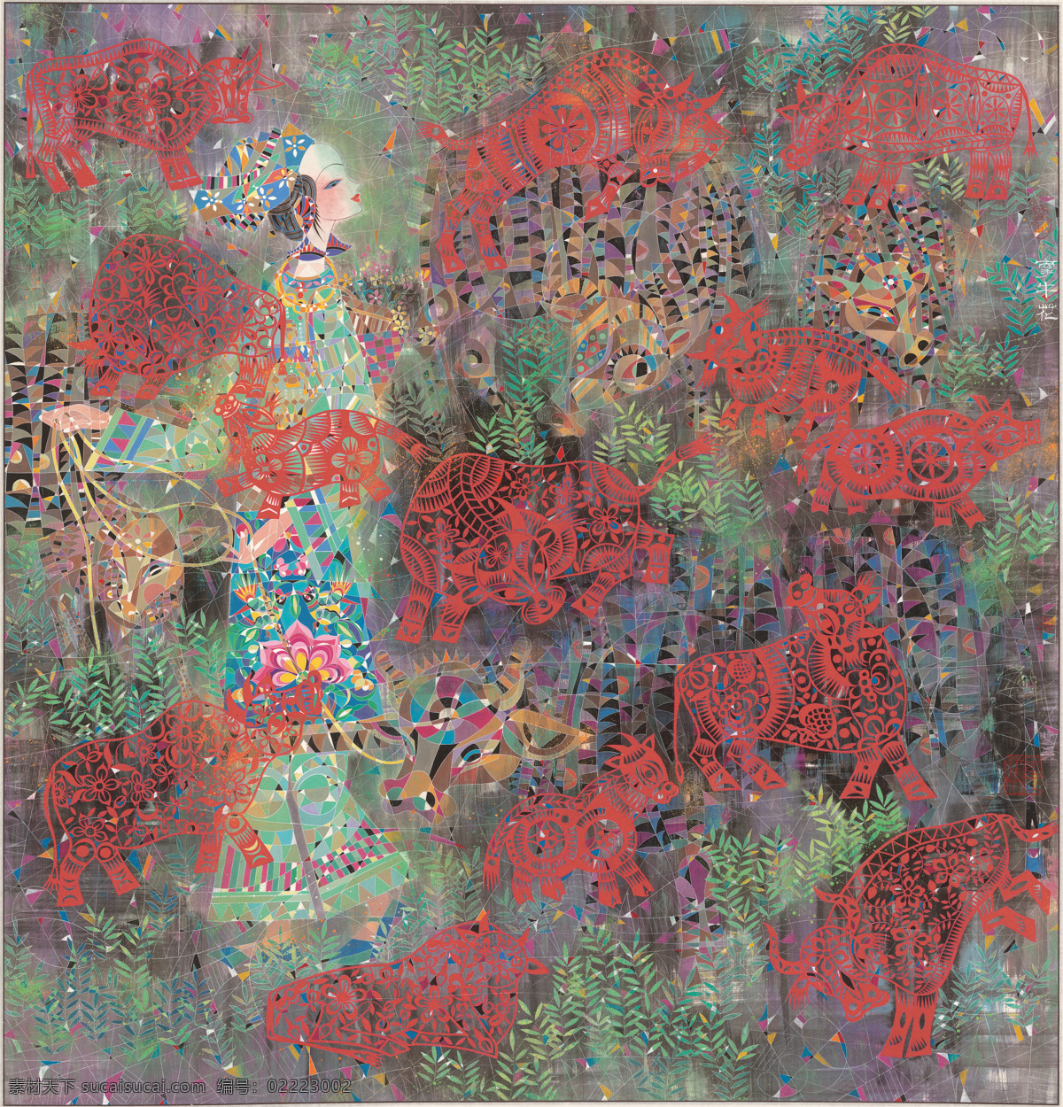 牛年装饰画 剪纸 装饰画 牛 牛年 美女 民族 工艺 壁画 民间艺术 马赛克 抽象 艺术 动漫动画