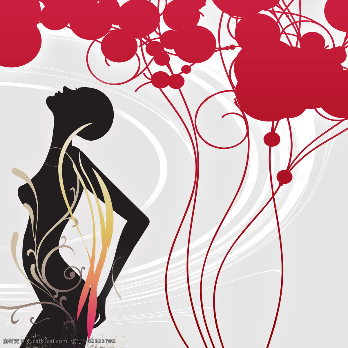 简约 抽象 红色 花朵 环境设计 剪影 美女 曲线 简约抽象 无框画 psd源文件