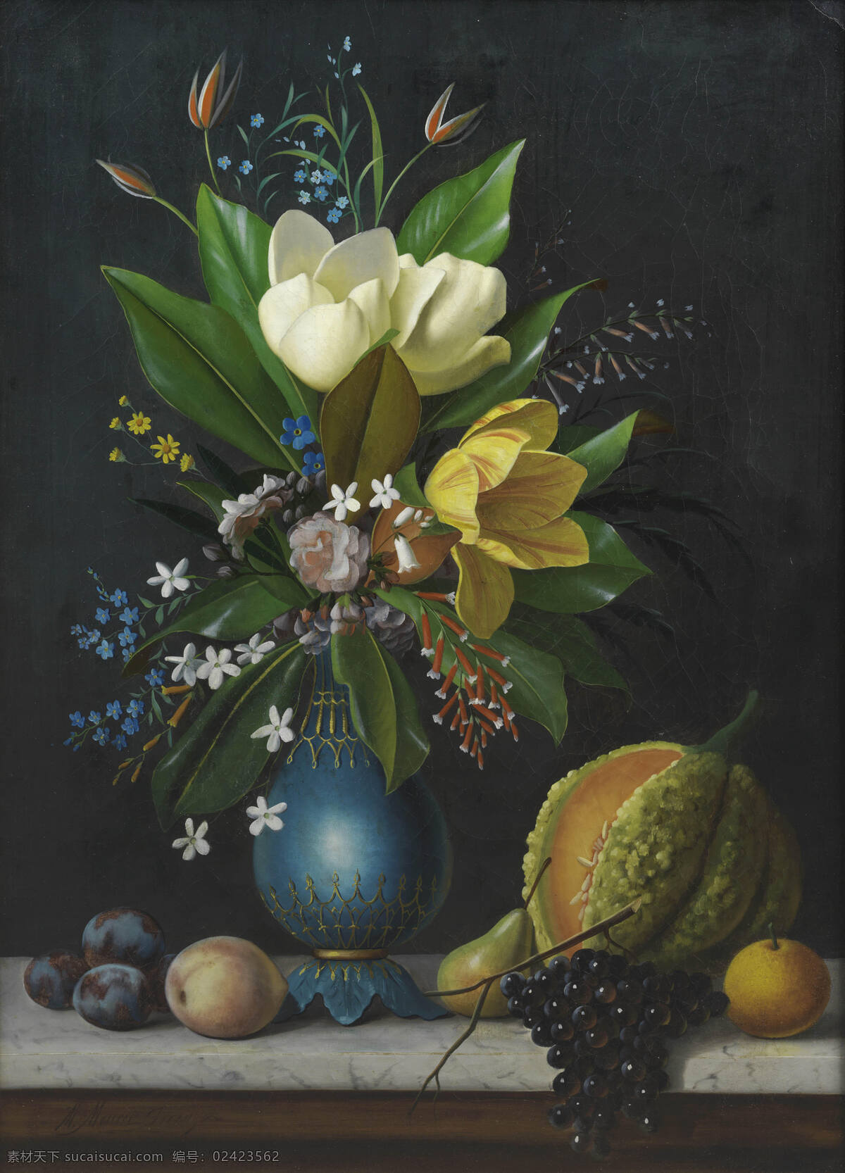 静物油画 混搭鲜花 暗色调 哈密瓜 葡萄 李桃 深蓝色花瓶 19世纪油画 油画 绘画书法 文化艺术