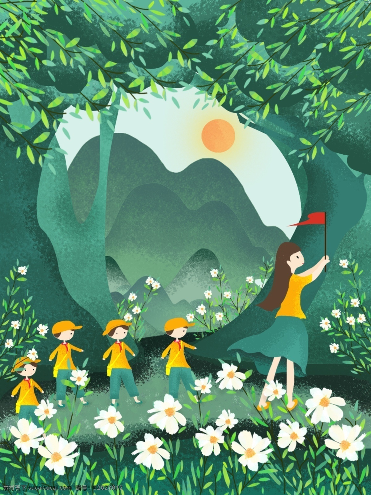 彩绘 学生 郊外 春天 春游 踏青 森林 绿色 手绘 背景 自然 郊游 野花 白花 帽子