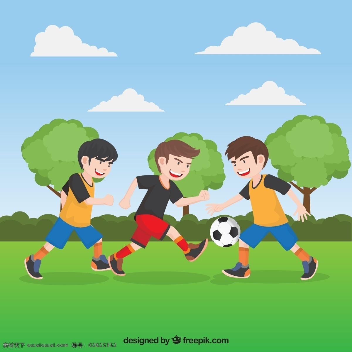 草地 上 踢 足球 男孩 运动 云朵 树木 草丛 踢球 动漫动画 动漫人物