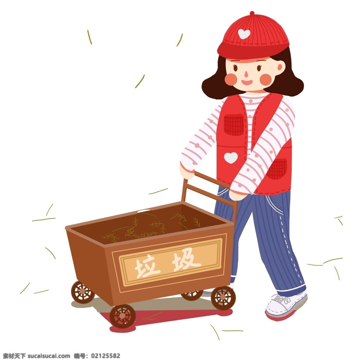 卡通 手绘 推 垃圾车 志愿者 女孩 小清新 女生 手推车 志愿者女孩 小女孩 插画 人物设计