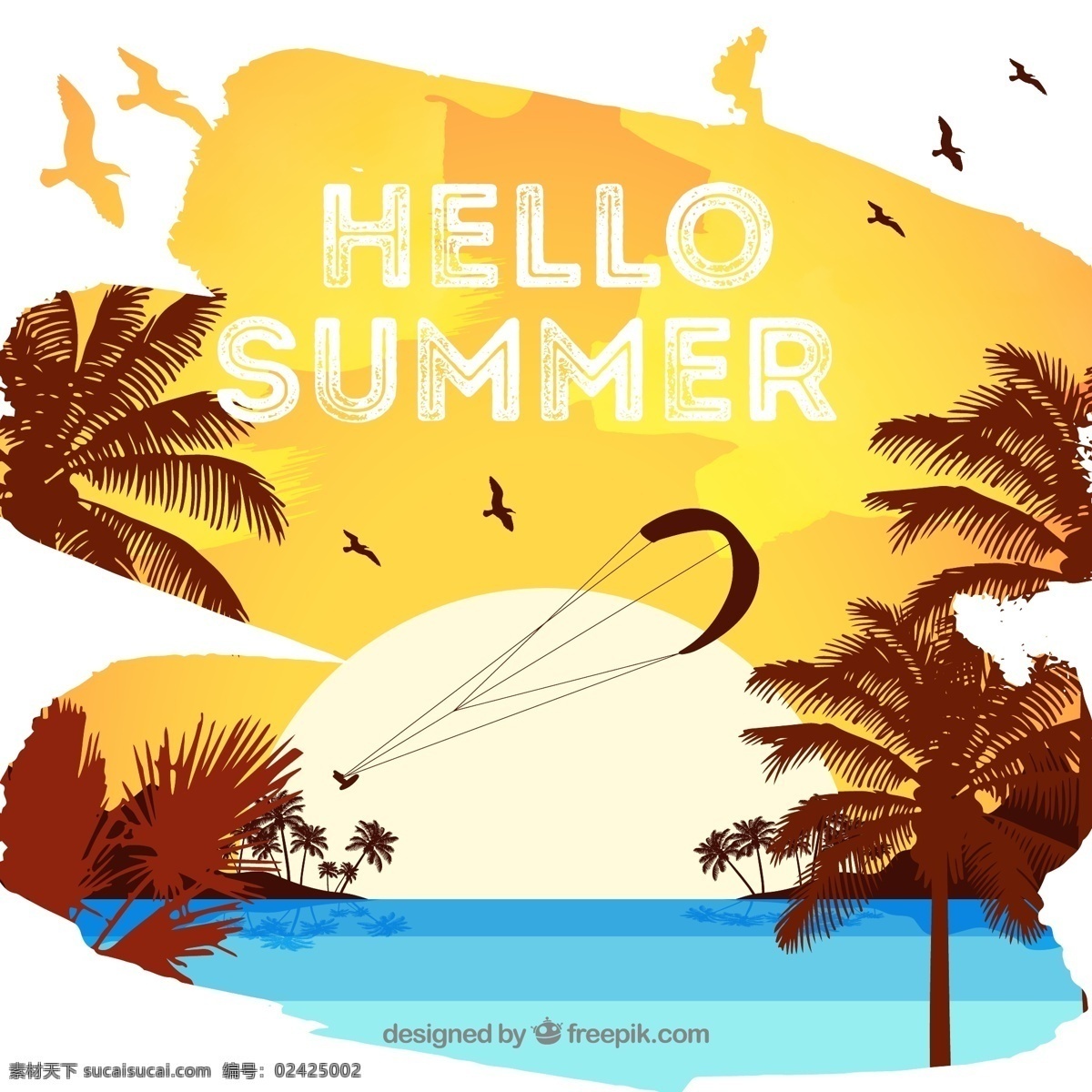 复古 你好 夏季 海边 风景 矢量 大海 沙滩 滑翔伞 海鸥 椰子树 太阳 度假 旅游 跳伞 矢量图 文化艺术