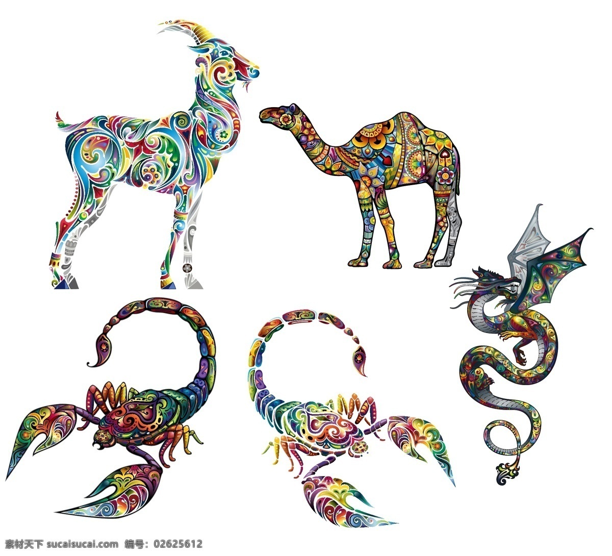 彩色动物图案 彩色动物 纹身刺青图案 矢量素材 矢量图 创意设计 彩色 炫彩 炫丽 刺青 纹身 花纹 图案 动物 骆驼 蝎子 羚羊 飞龙