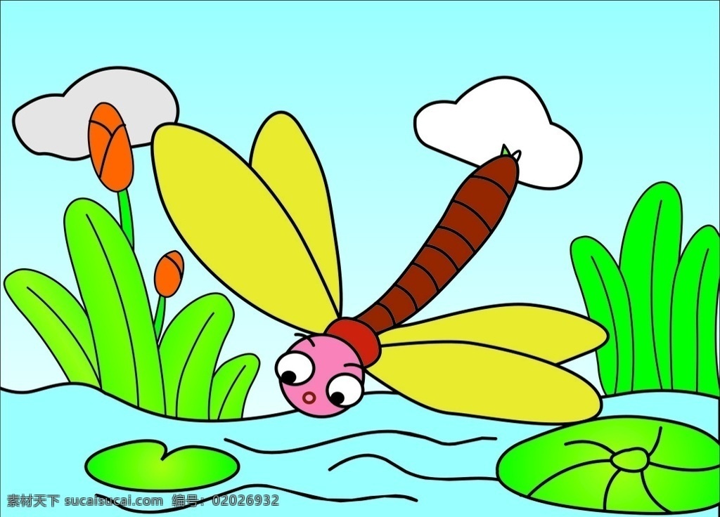 小蜻蜓 蜻蜓 矢量图 小池塘矢量 卡通背景 儿童卡通 卡通设计