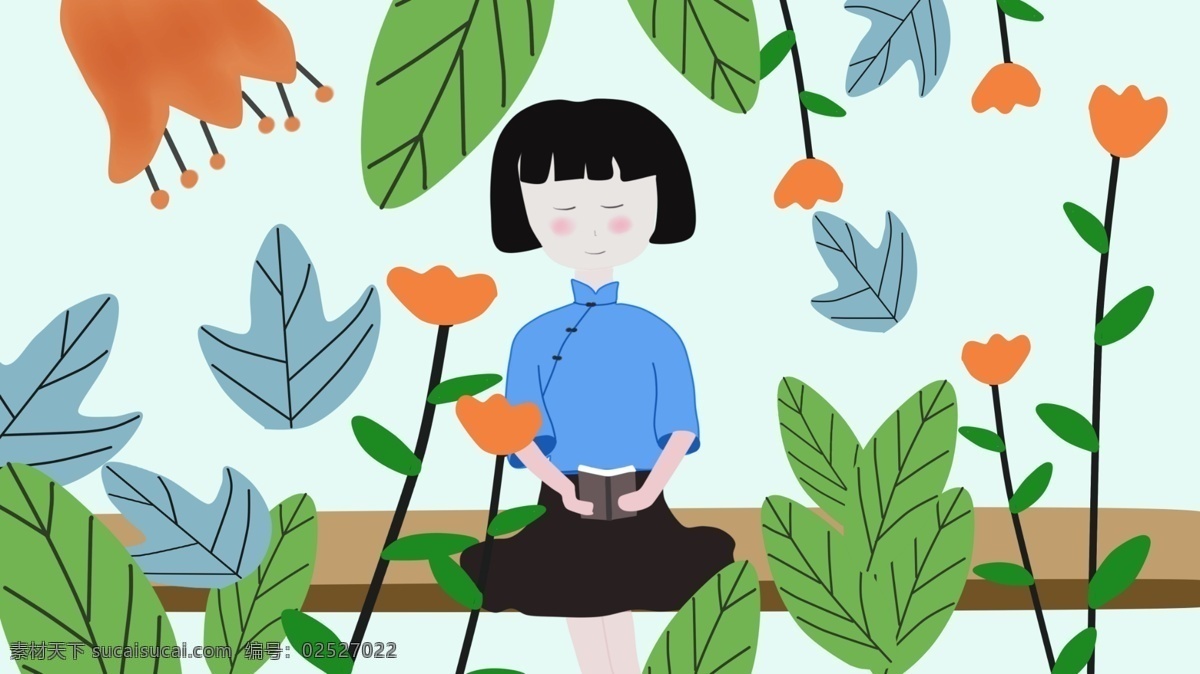 清新 唯美 民国 女孩 可爱 绿叶 花朵 读书 文艺 朋友圈 配图