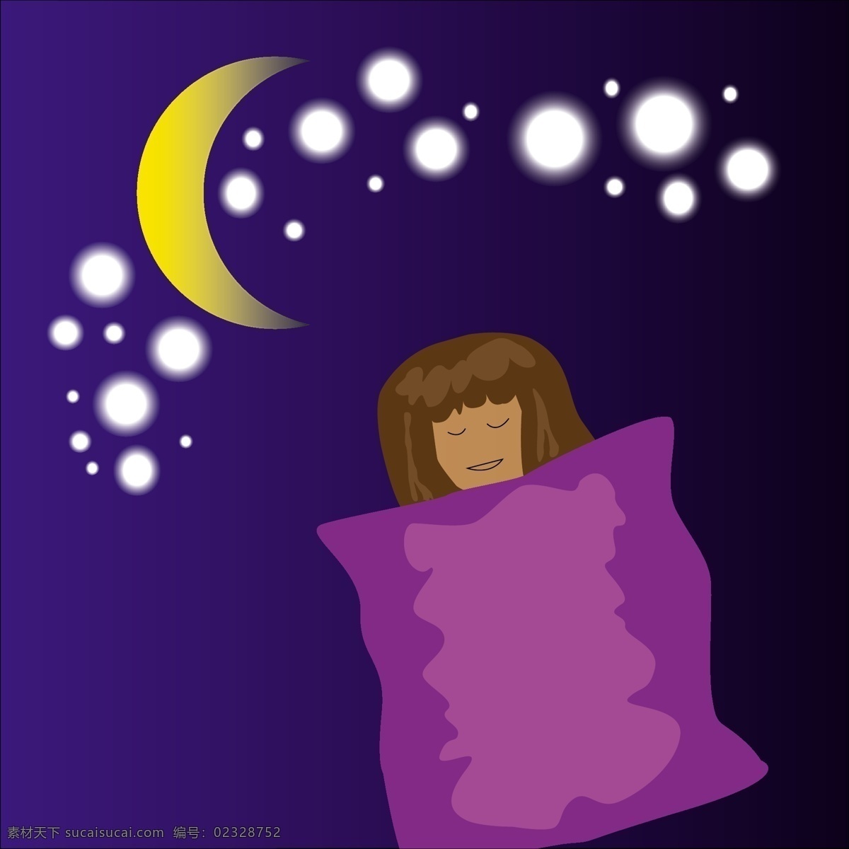睡着 女孩子 月亮 矢量 紫色 长发 星空 童话 在月亮上 孩子 睡梦中 对话框 夜晚 月球 卡通 插画