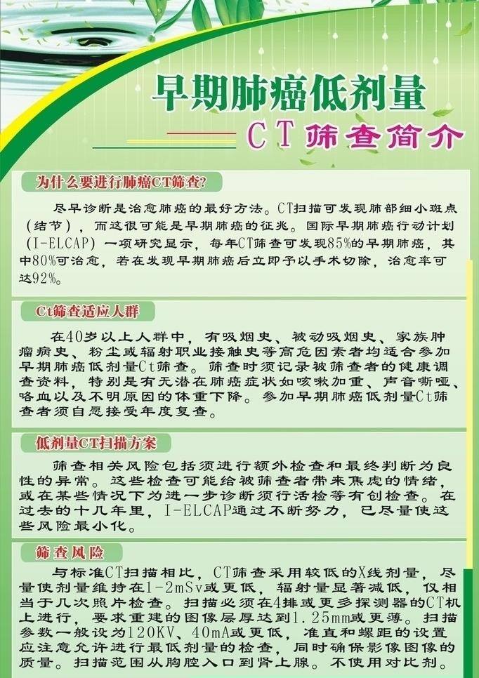 肺癌 低 剂量 ct 筛查 简介 绿色底版 树叶 医院模版 展板模板 水 分层展板 矢量 其他展板设计