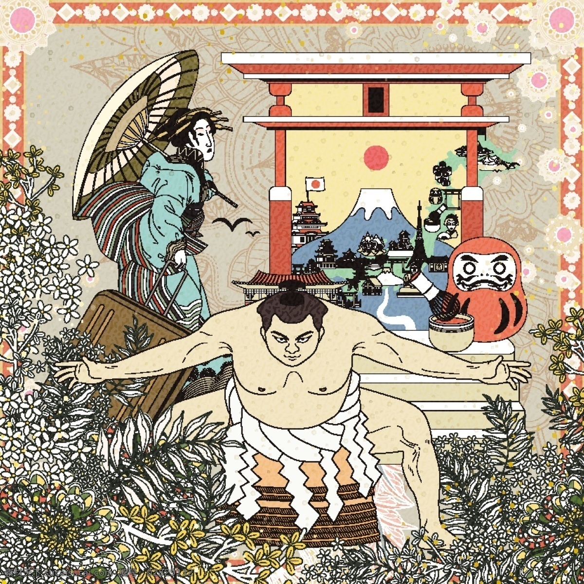 日本旅游插画 日本旅游海报 日式风格插画 日本旅游 艺妓 和服 塔 相扑 日本风 和风 日式 插画 浮世绘 鸟类 数码绘 富士山 樱花 东洋 扶桑 文化