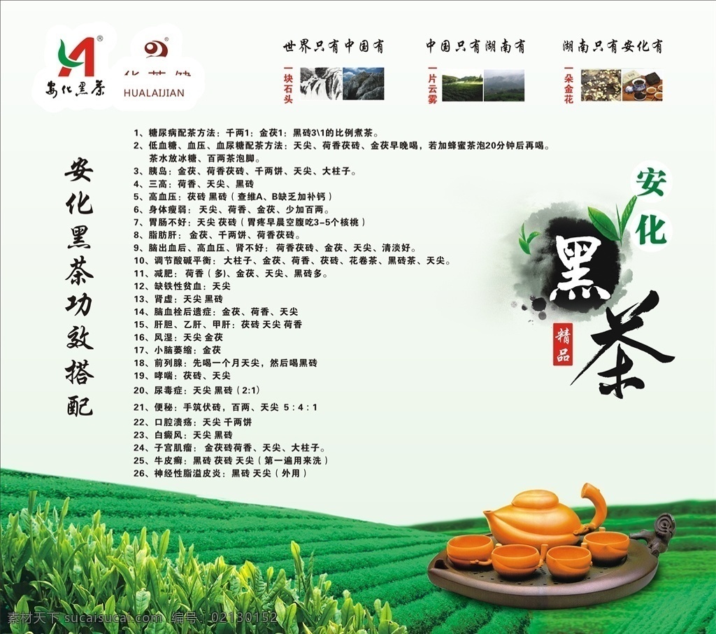 黑茶的功效 古典茶具 紫砂壶 绿色茶园 生态茶园 安化黑茶 华莱健黑茶 黑茶的搭配 水墨笔触 茶叶