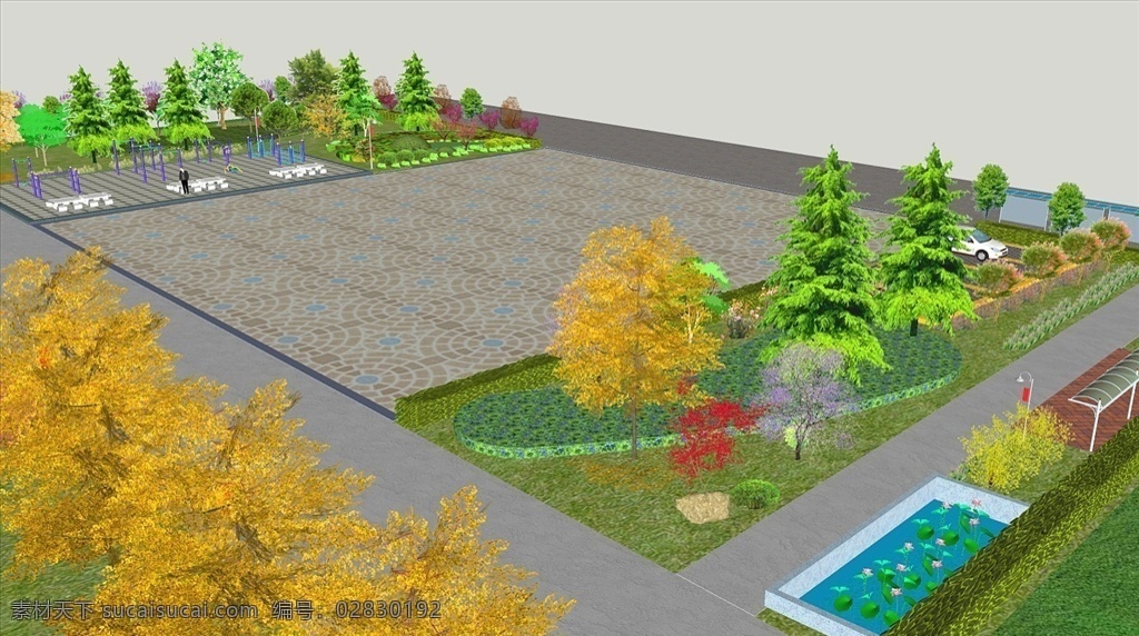 村部 公园 广场 绿化 景观 模型 效果图 su 草图大师 3d设计 室外模型 skp