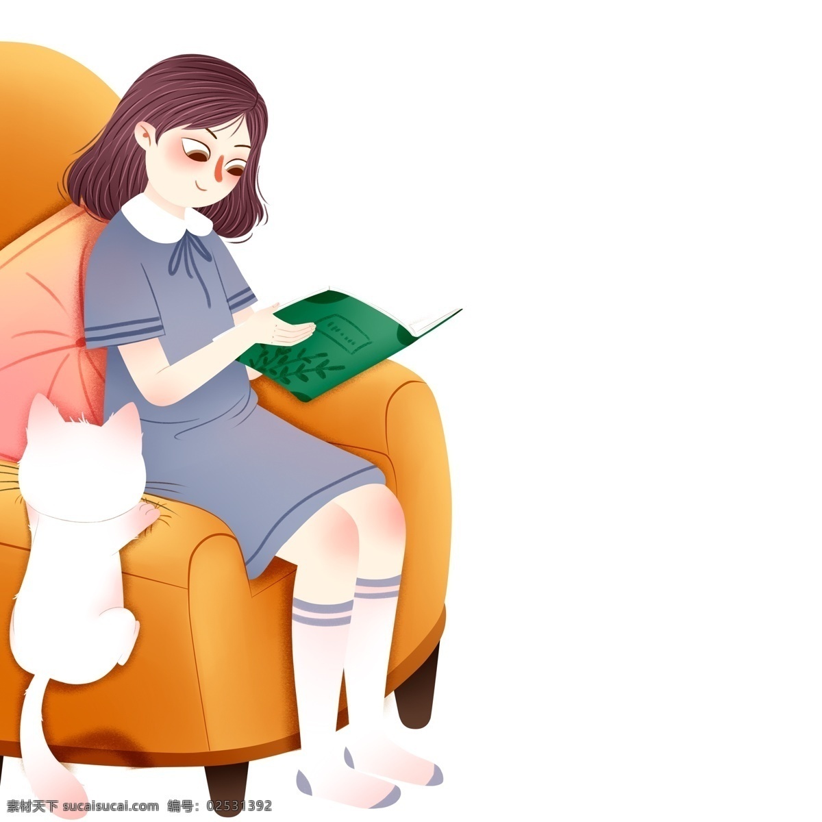 坐在 沙发 上 看书 女孩 人物 卡通女孩 猫咪 阅读 设计元素 元素设计 简约 创意元素 手绘元素