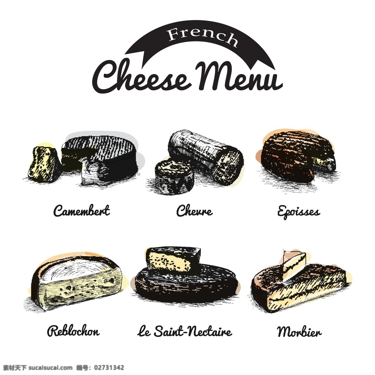 款 复古 彩绘 法国 奶酪 矢量 卡蒙贝尔奶酪 山羊奶酪 艾波瓦斯奶酪 半软淡味干酪 圣 耐克 泰尔 莫尔比耶奶酪 食物 矢量图