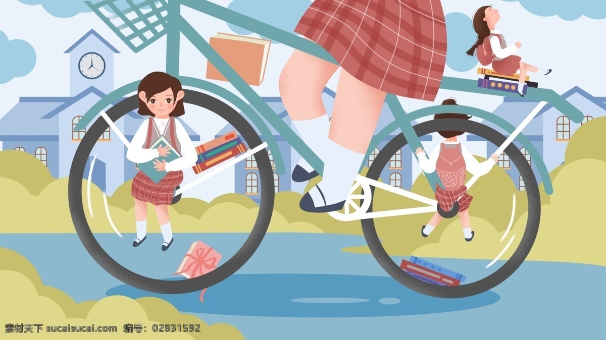 原创 手绘 插画 校园生活 自行 车上 女孩 校园 生活 学校 自行车 学生 教学楼 书 手绘插画
