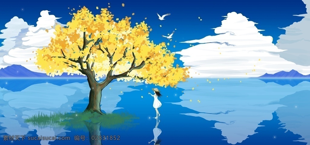 祈愿的少女 背景 海鸥 清新 白云 盐湖 祈愿 秋天 秋色 自然 水波 草 蓝天 蝴蝶 裙子 金黄 风 动漫动画 动漫人物