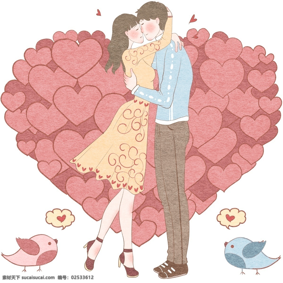 大型 拼接 红色 爱心 幸福 情侣 情人节 蓝色小鸟 云朵对话框 红色爱心 亲吻 撒狗粮 粉色小鸟 浪漫甜蜜