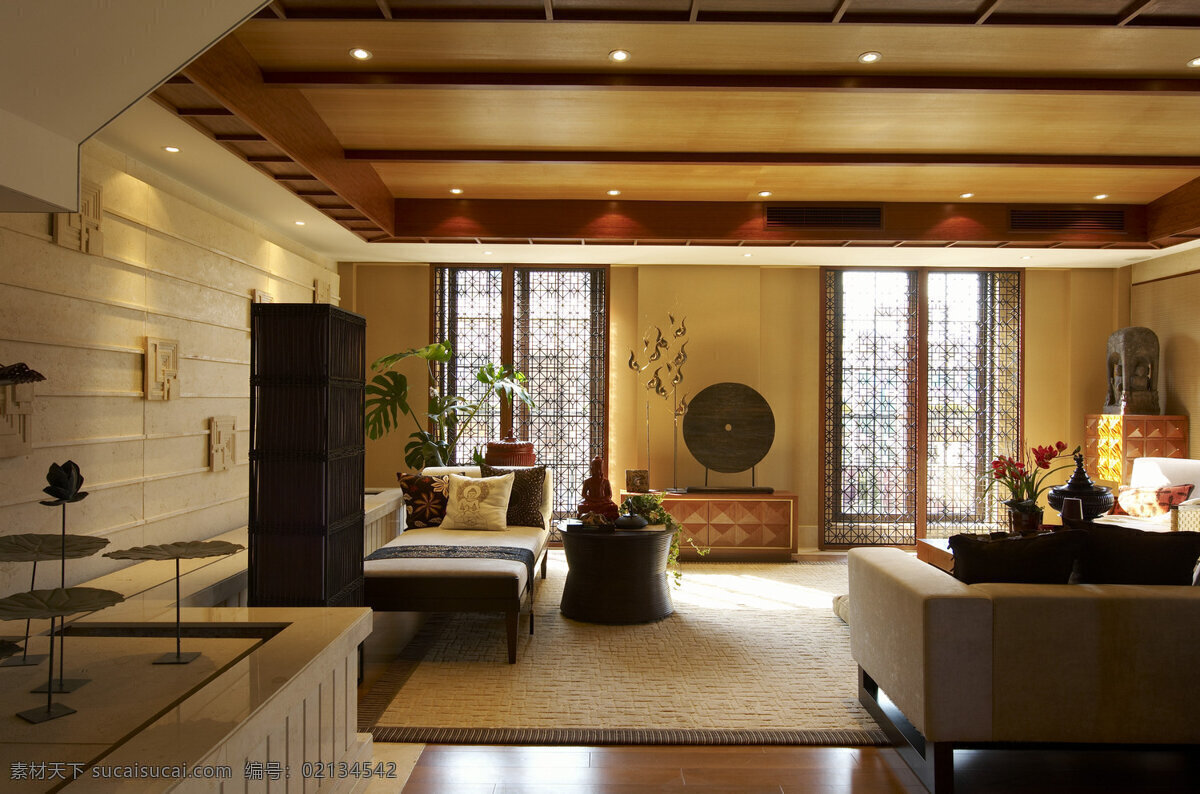 中式 时尚 客厅 金色 木制 天花板 室内装修 效果图 亮面地板 客厅装修 浅色沙发 浅色地毯