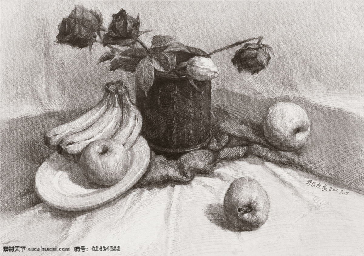 张友良 素描静物 张友良素描 张友 良 素描 静物 张友良作品 素描作品 花 玫瑰花 香蕉 苹果 绘画书法 文化艺术