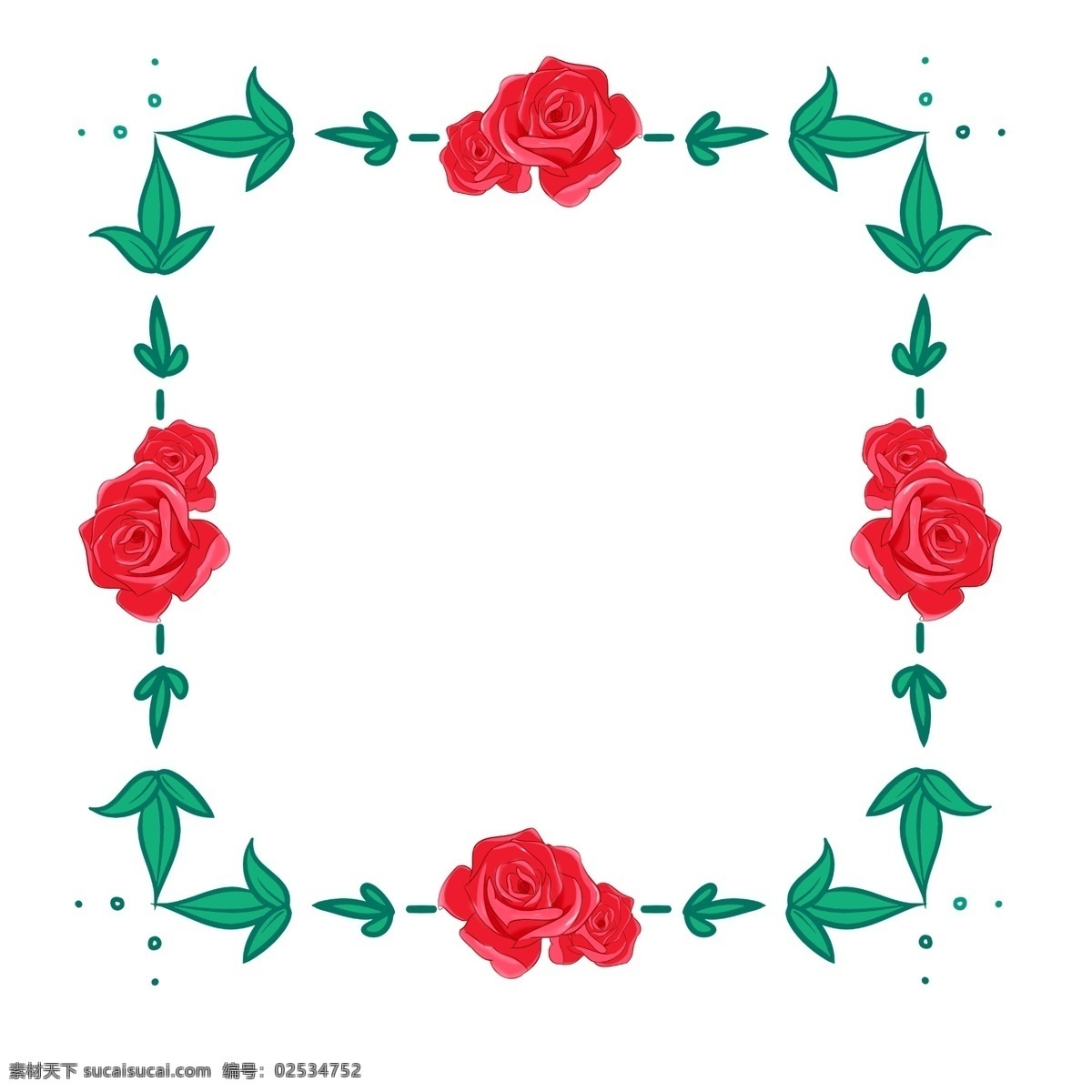 手绘 红玫瑰 花边 框 红色的玫瑰花 绿色的叶子 漂亮的玫瑰花 卡通边框 玫瑰花 边框 方形的边框
