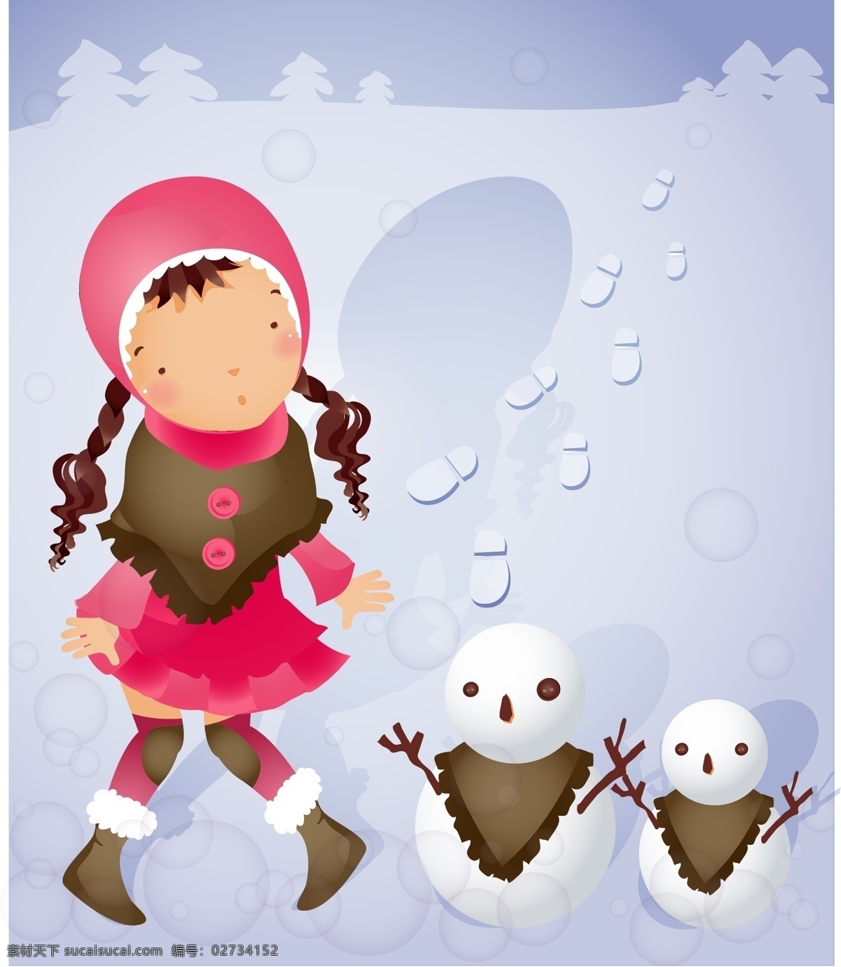 可爱 卡通 雪人 主题 冬天 免费模版下载 免费素材 女孩 矢量图 其他矢量图