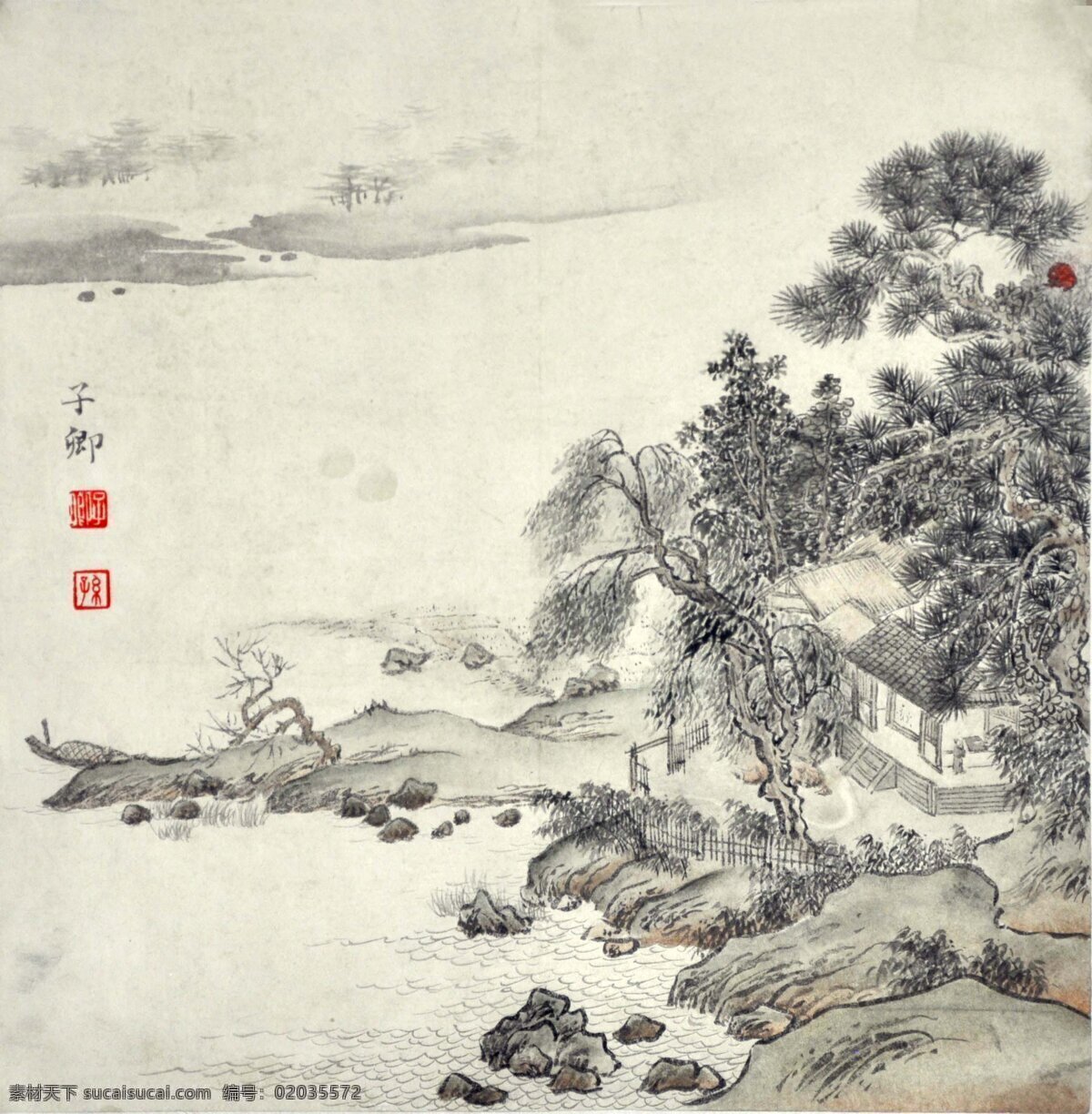 国画山水 国画 中国画 山水画 山水国画 写意画 彩墨山水画 书法 大师作品 风景画 写意 写意国画 国画写意 墨迹 水墨画 绘画 树木 植物 山峰 山 云雾 奇峰 溪水 小河 河流 木屋 房子 绘画书法 文化艺术