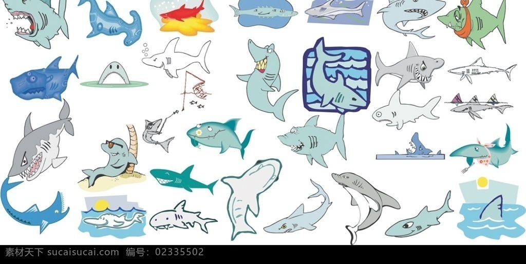 鲨鱼 卡通 矢量 凶恶 各种形态 游玩 海洋生物 生物世界 矢量图库