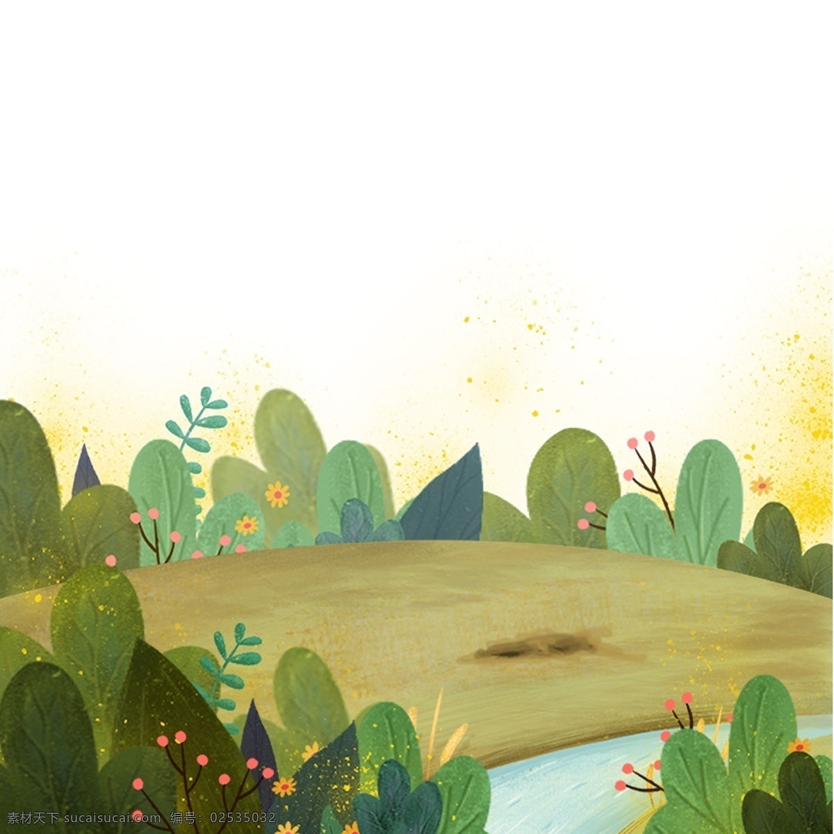 彩色 植物 风景 元素 装饰 圆弧 叶子 光泽 卡通插画 土壤 景色 发光 萤火虫 小动物 花朵 绽放