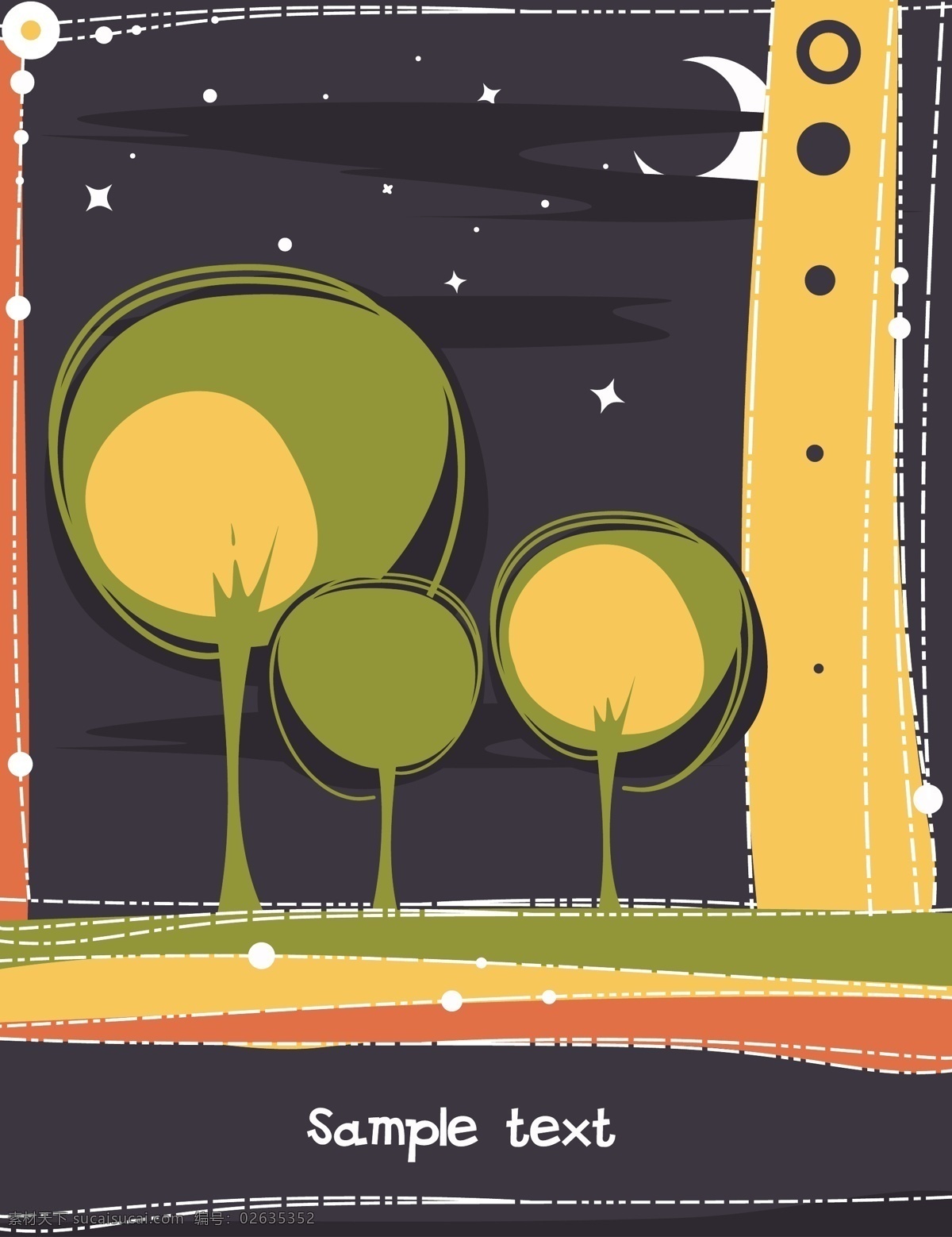 抽象树 黑夜 卡通 卡通矢量素材 手绘 手绘树 手绘树木 树木插画 中 小树 树木树叶 植物插画 月亮 星星 线条 矢量 插画集