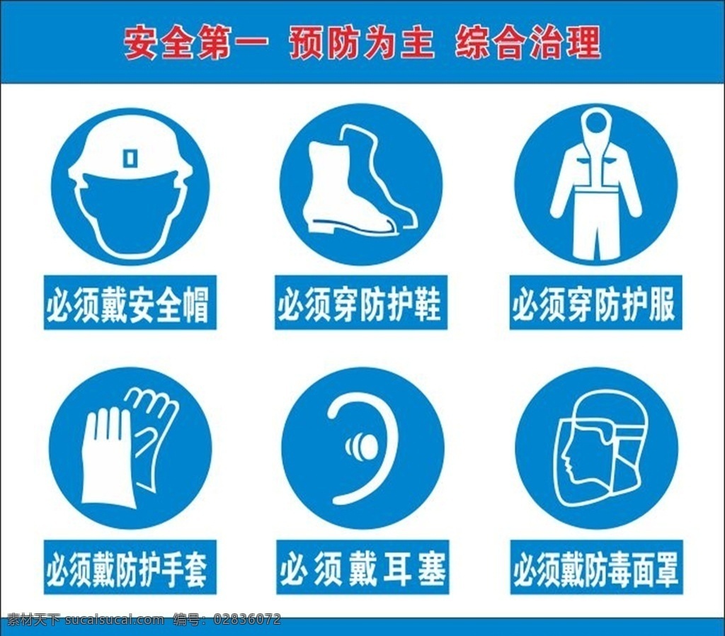 安全 标识 六合 必须戴安全帽 必须穿防护鞋 必须穿防护服 戴防护手套 必须戴耳塞 戴防毒面具 标志图标 公共标识标志