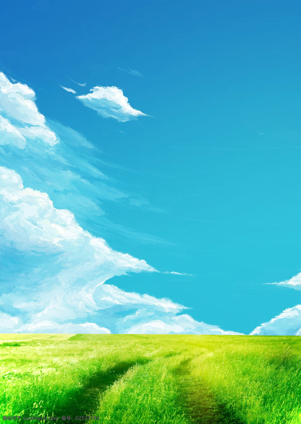 蓝天 下 草地 风景 云彩 美景 水彩画 漫画 多娇江山