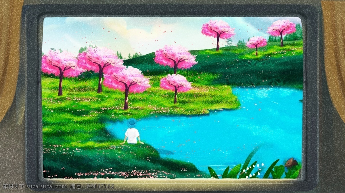 春日 户外 湖边 旅游 插画 唯美 清新 中国风 4月 踏青 踏青插画 踏青海报 樱花 赏樱花 樱花插画 风景 自然风光 唯美风景插画 春 春色 春韵 春天 郊游 游玩 旅行 旅行海报 旅行插画 春季 夕阳 日出 治愈