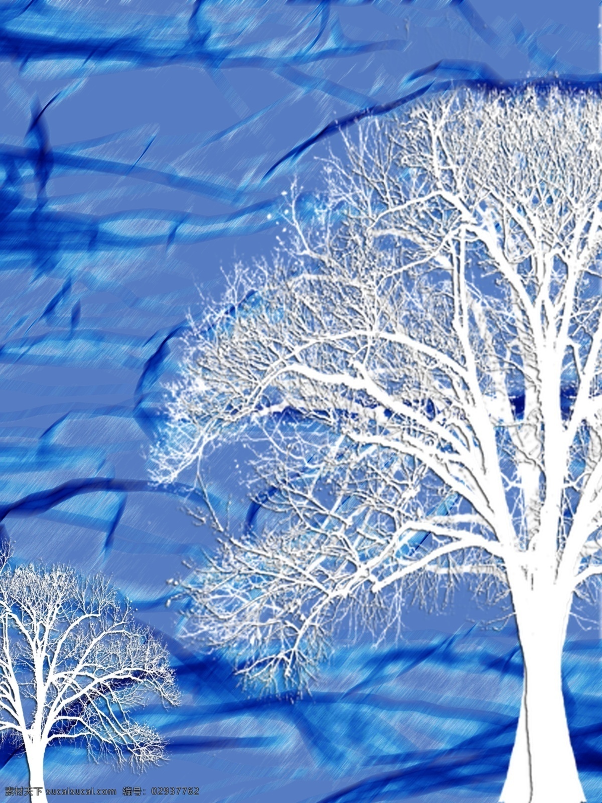 现代 白色 剪影 树 客厅 装饰画 蓝色肌理 白色剪影树 客厅装饰画 一联画 蓝色水彩背景