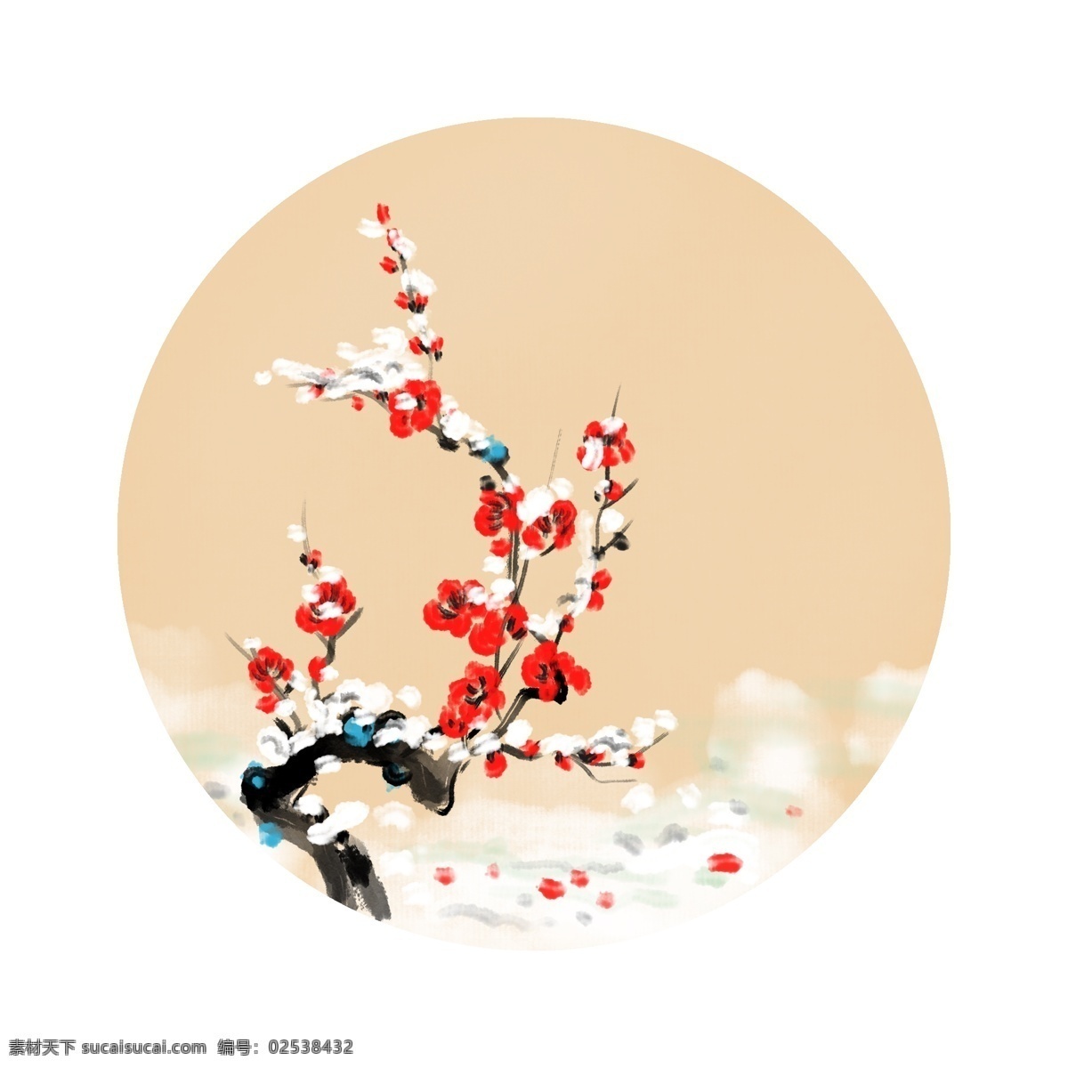 冬季 红色 梅花 边框 红色的梅花 落雪的梅花 卡通边框 手绘圆形边框 冬季圆形边框 漂亮的梅花