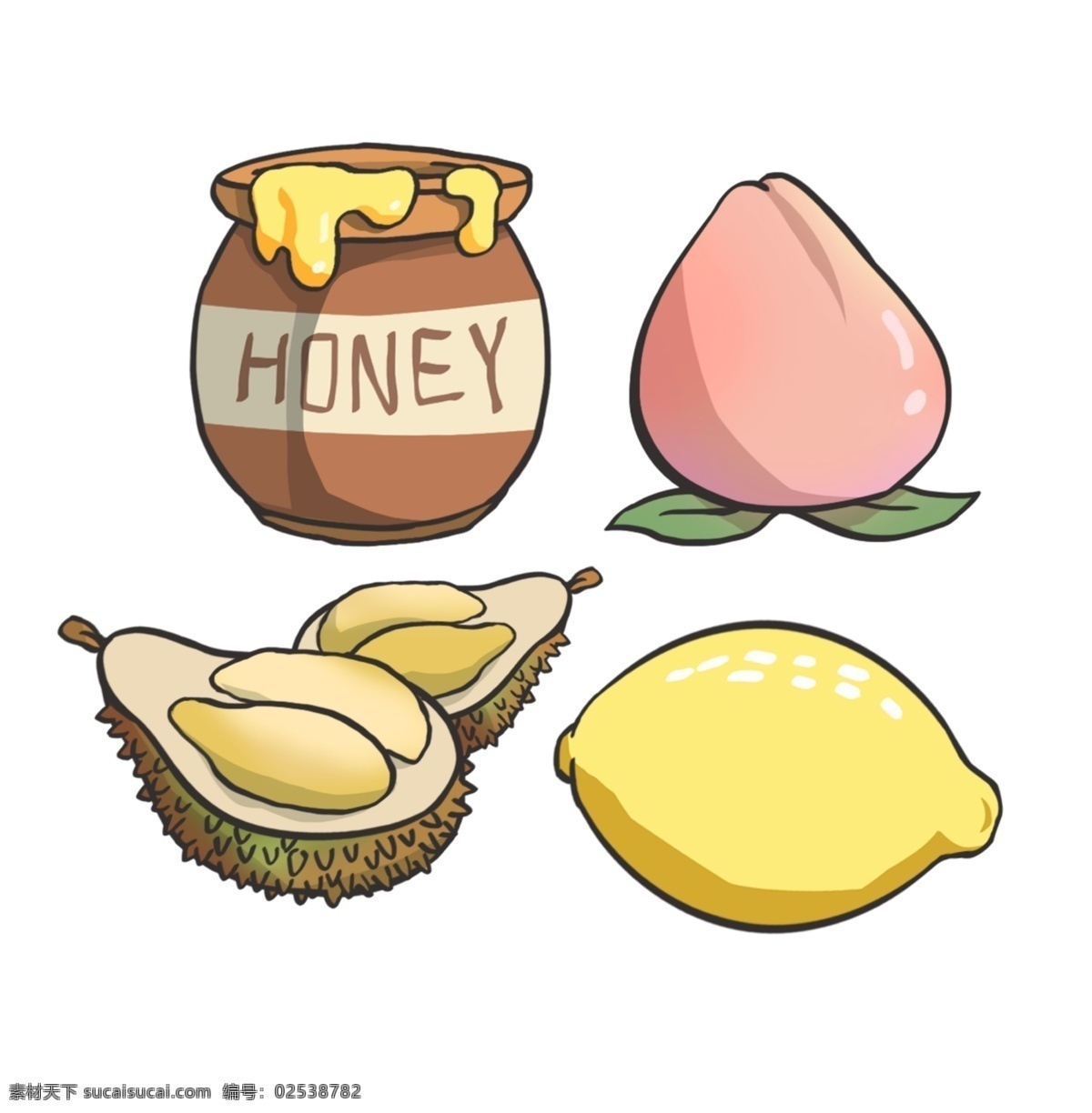 桃子 榴莲 蜂蜜 柠檬 手绘 素材图片 水果 插画素材 psd素材 水果手绘 食物手绘 手绘素材 分层